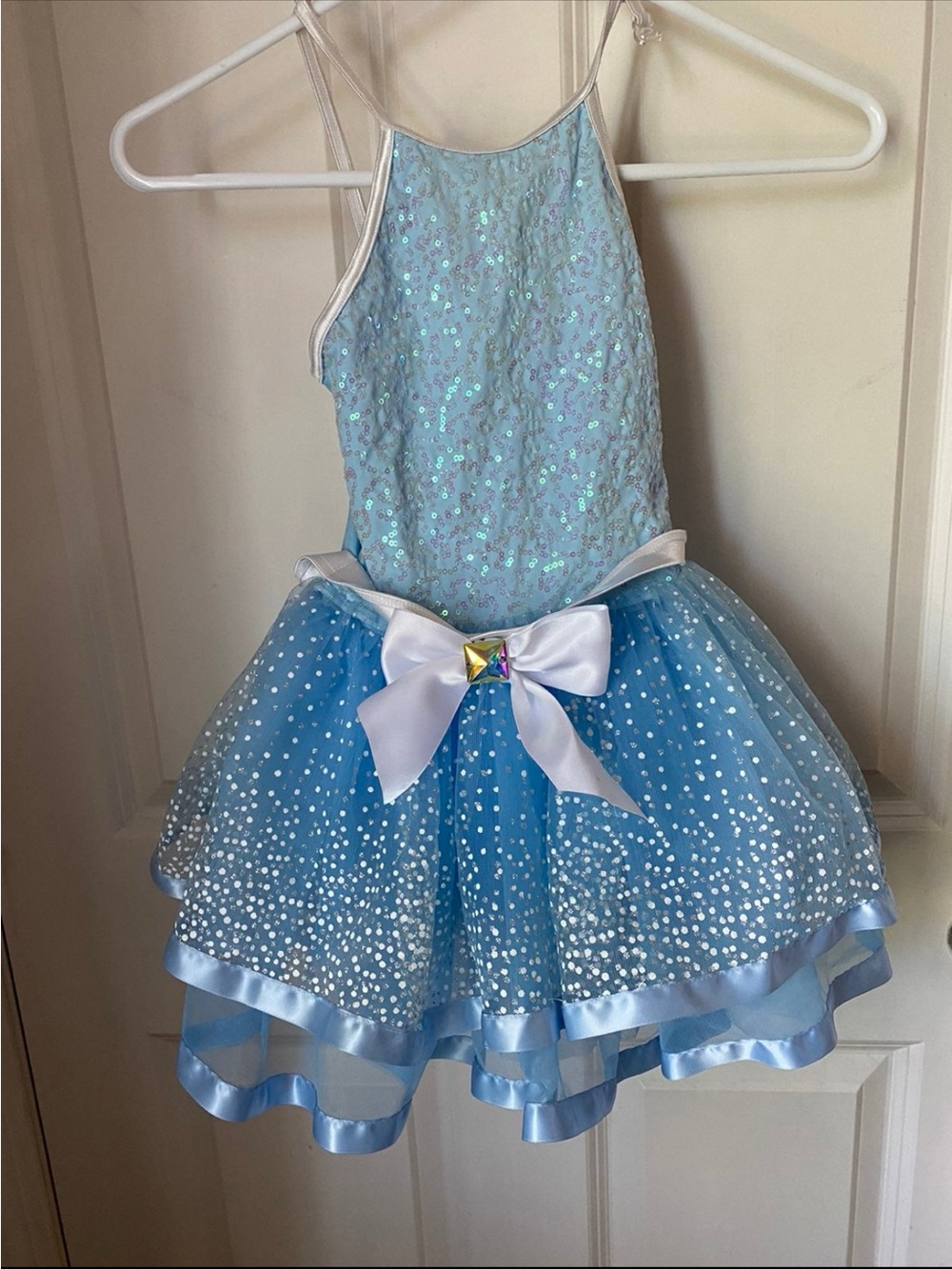 Handmade Sparkling Blue Girls' Tutu Dance Costume with White Bow